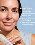 Close-up of a smiling woman holding GLP Complex serum bottle against a pale blue background.