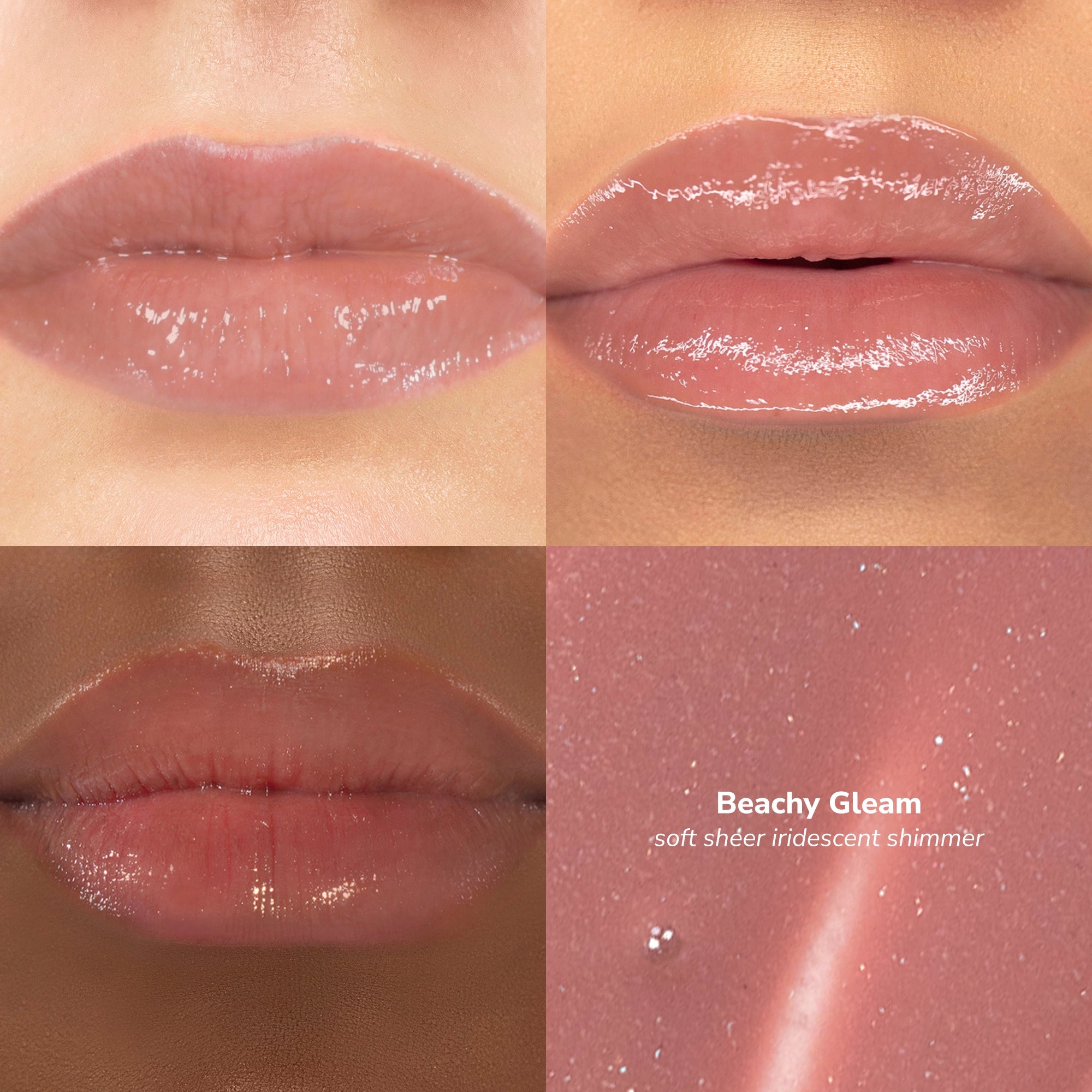 Skintone quadrant Glowify Juicy Plumping Lip Gloss shade Beachy Gleam. 