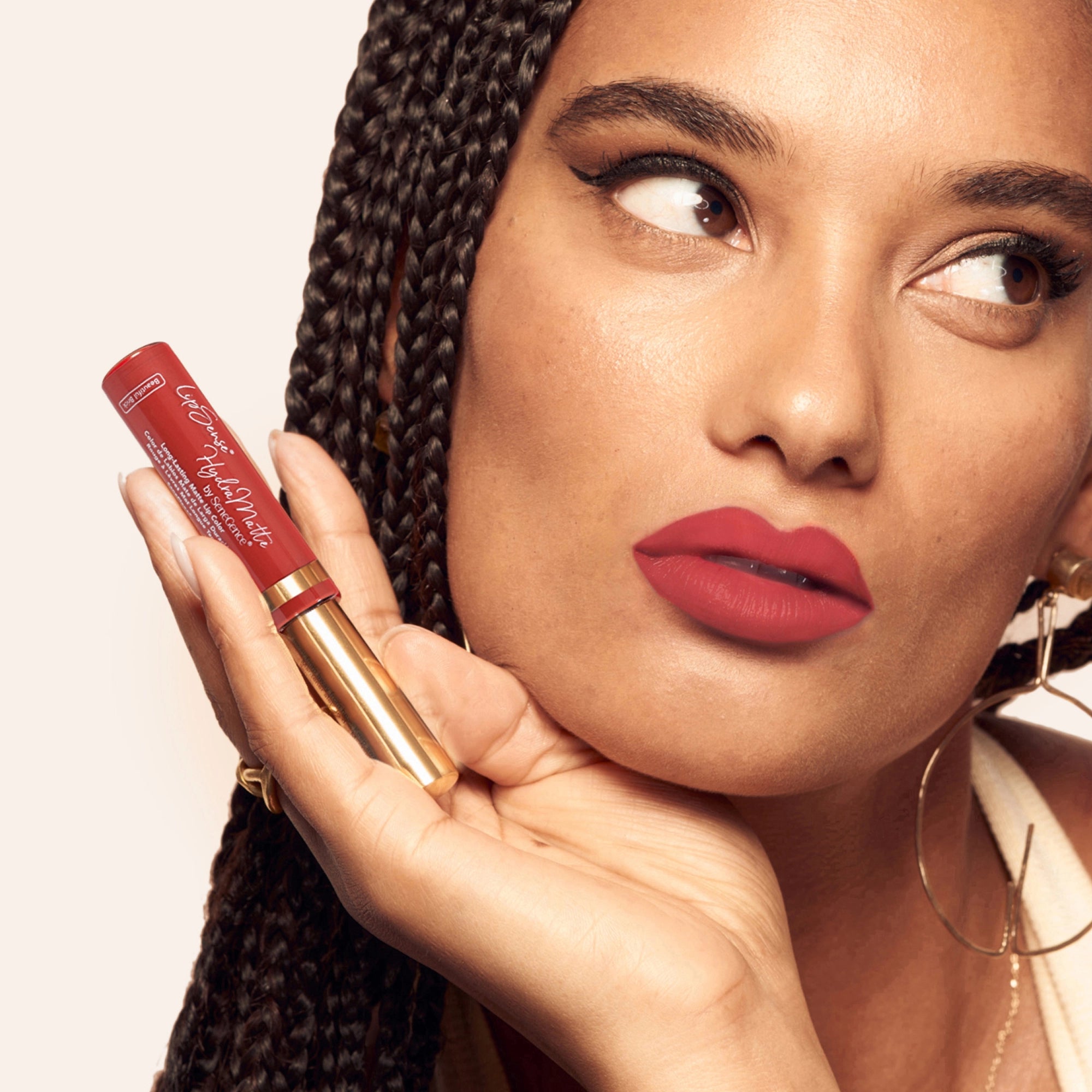 Model wearing LipSense Cream product shade Beautiful Brick.