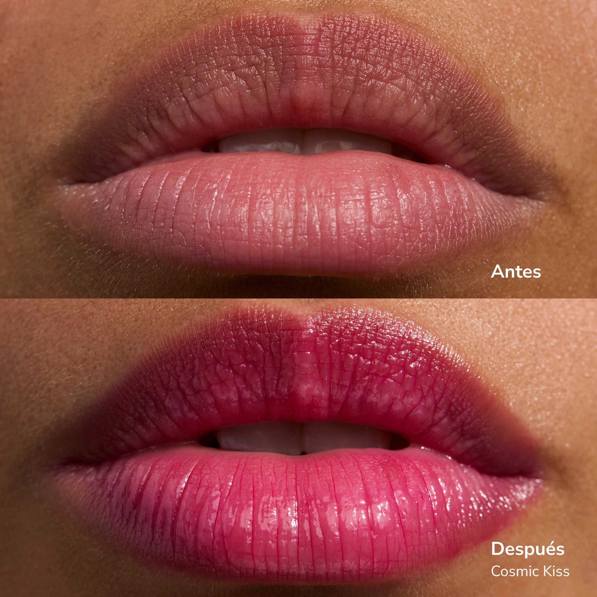 Lips shown in a before and after comparison with natural lips above and pink glossy lips below showcasing Glowify Mood Ring lip tint