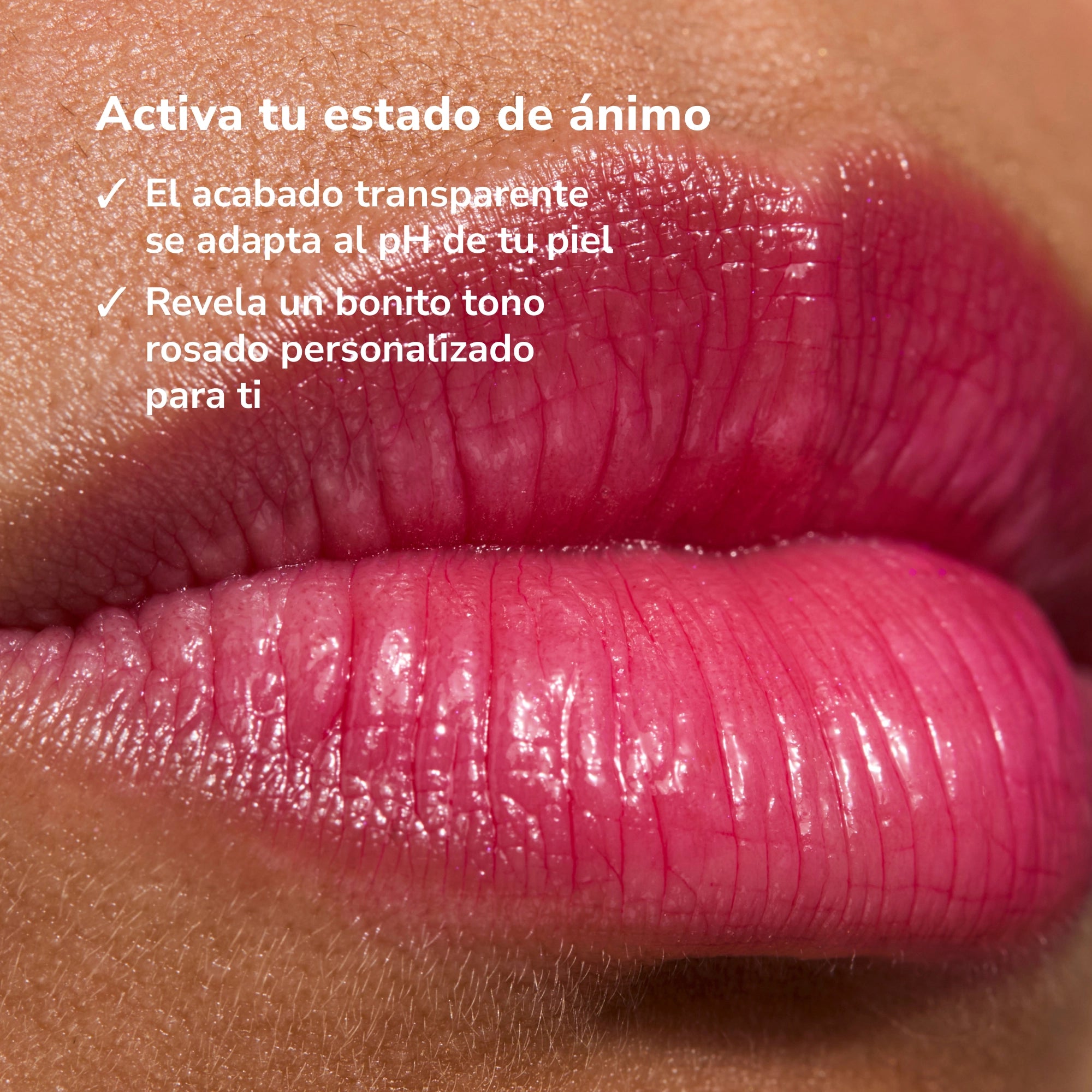 Close-up of glossy pink lips wearing Glowify lip tint in action