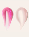 Two glossy lip tint swatches in bright pink and soft pink on a pale background
