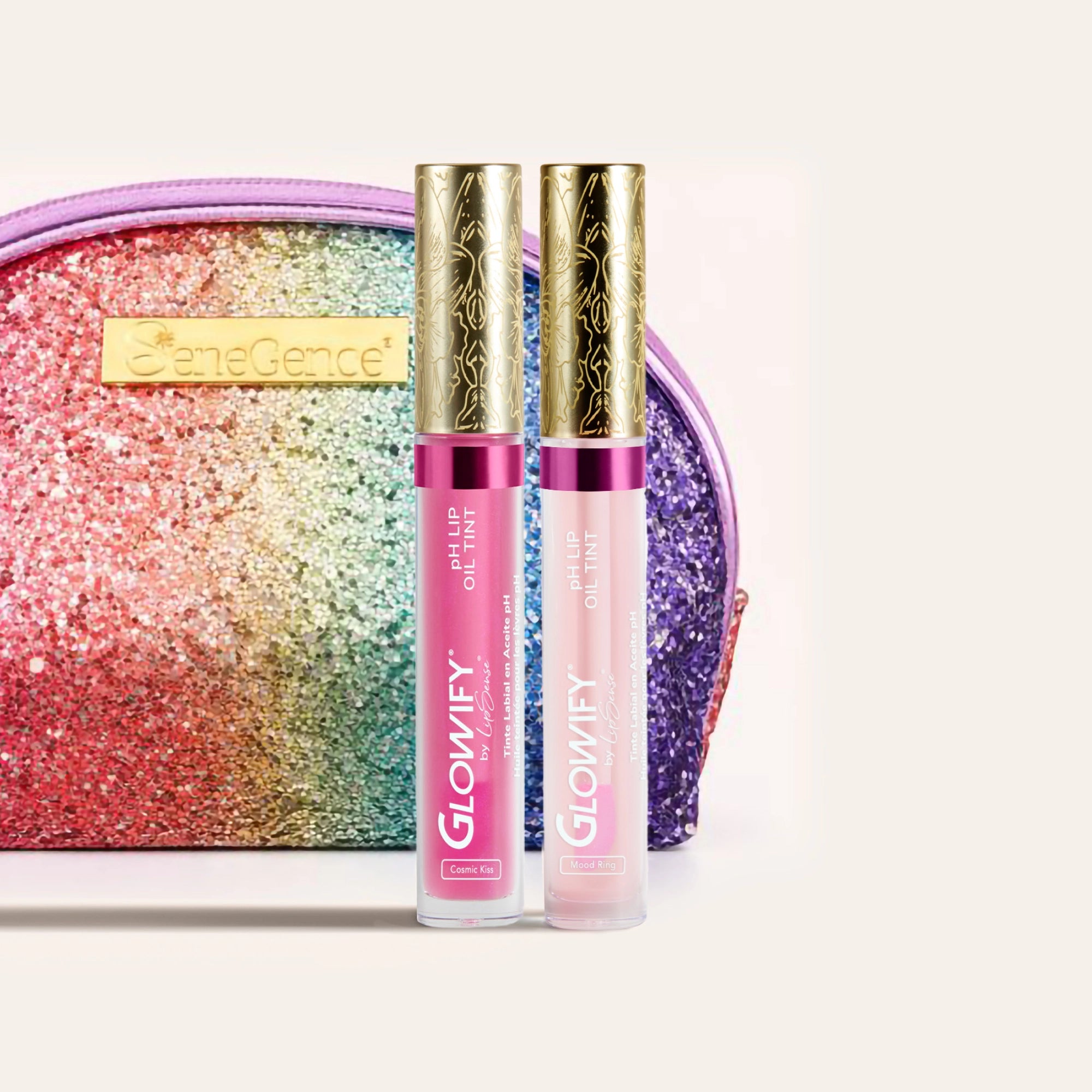 Glowify Mood Ring Duo US two pH Lip Oil Tint tubes in pink shades with ornate gold caps