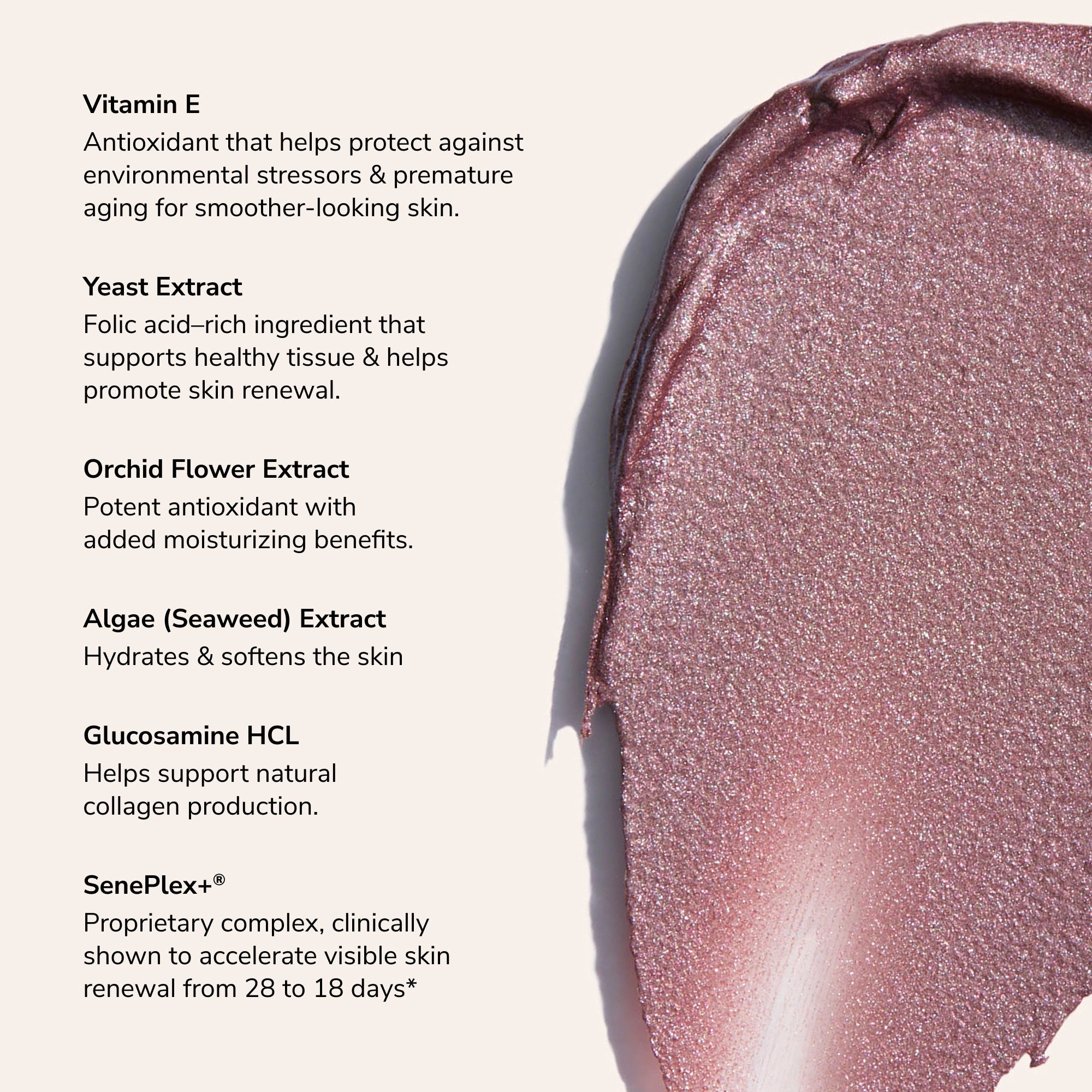 Creamy shimmery pink swatch on beige background with Vitamin E skincare ingredient list.