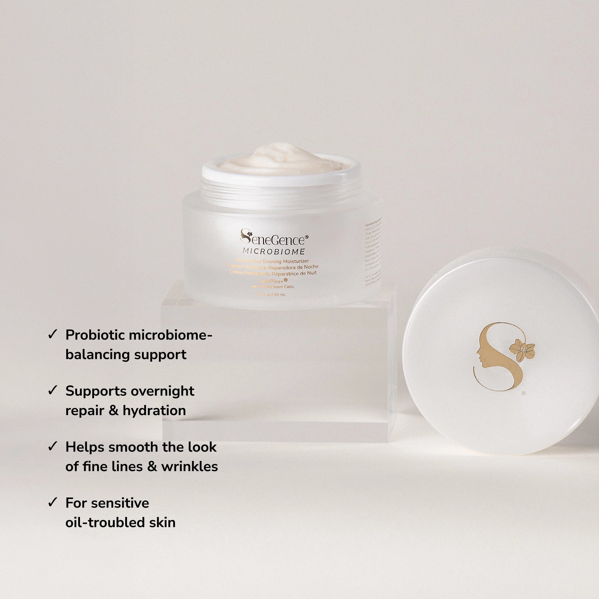 Microbiome Restorative Evening Moisturizer benefit callouts.