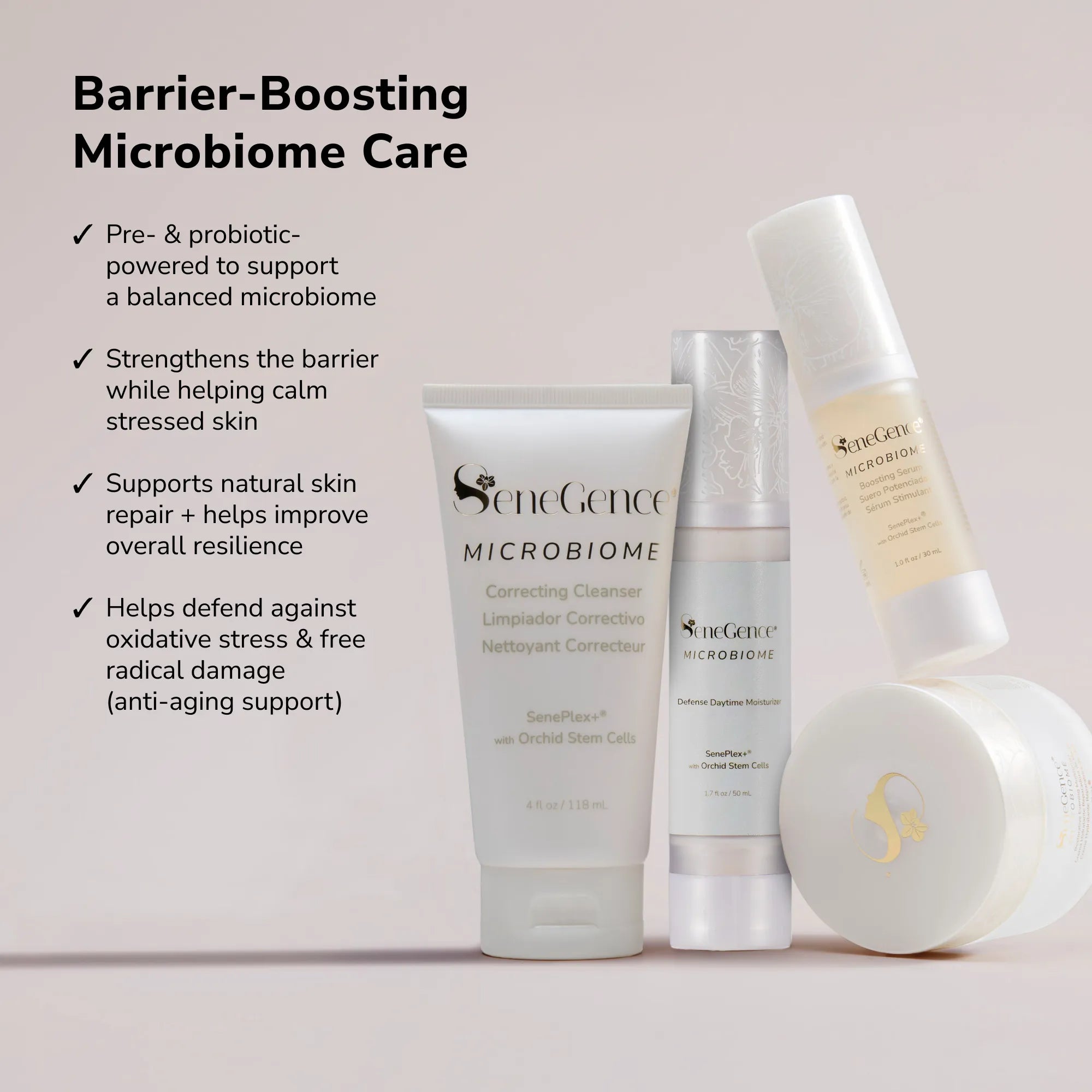 Barrier boosting microbiome care set with cleanser booster serum and night cream displayed against a soft pastel background
