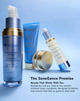 The SeneGence skincare lineup with a blue and gold pump bottle a blue tube a jar and a smaller bottle on a blue backdrop