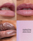 Amethyst Prism lip gloss collage with violet lips and iridescent shimmer