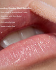 Close-up of glossy pink lips with shimmering LipSense gloss and a text overlay about trending shades.