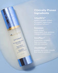 GLP Complex serum bottle on a blue surface with Clinically Proven Ingredients text overlay.