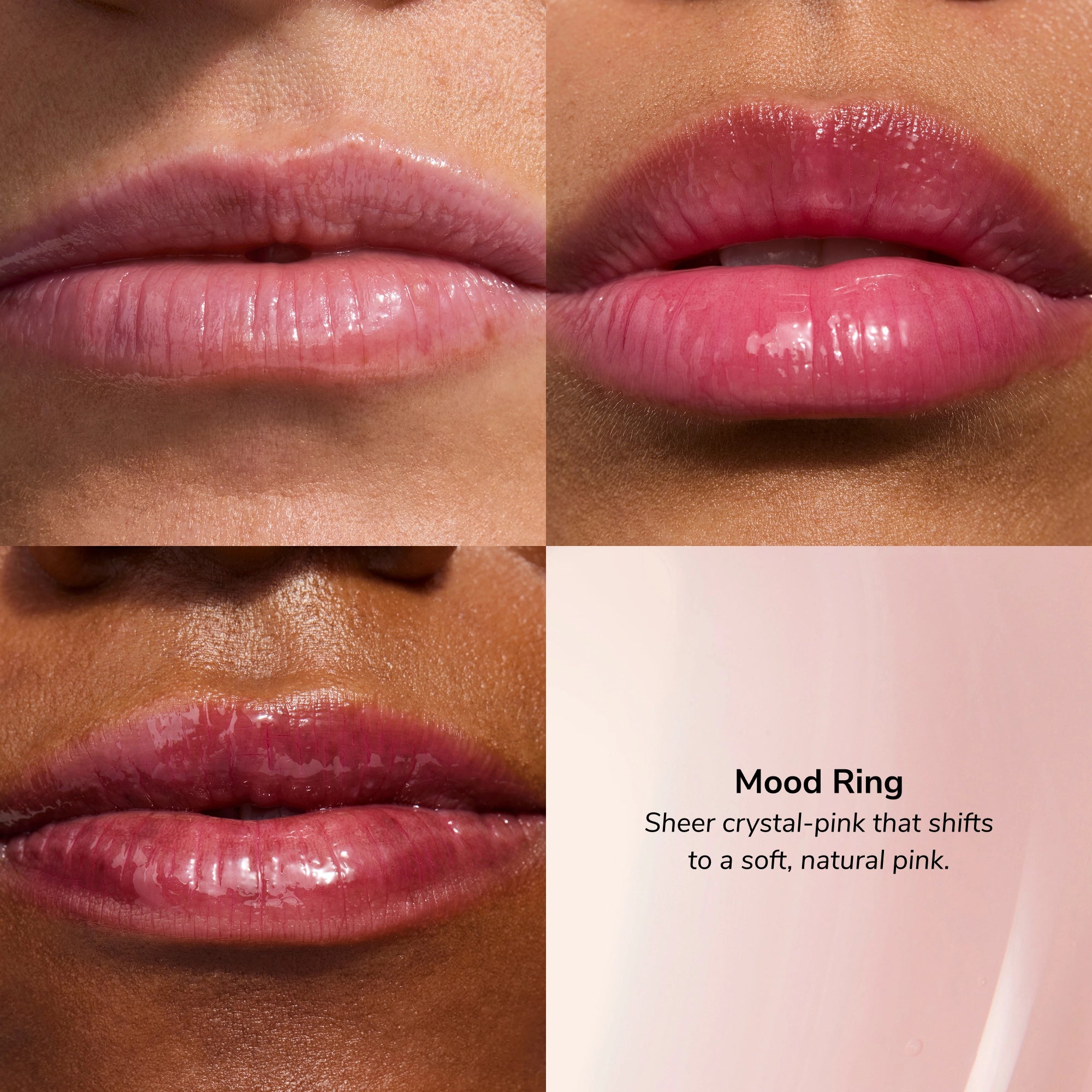 Collage of lips with different shades of pink, labeled 'Mood Ring' with color description.